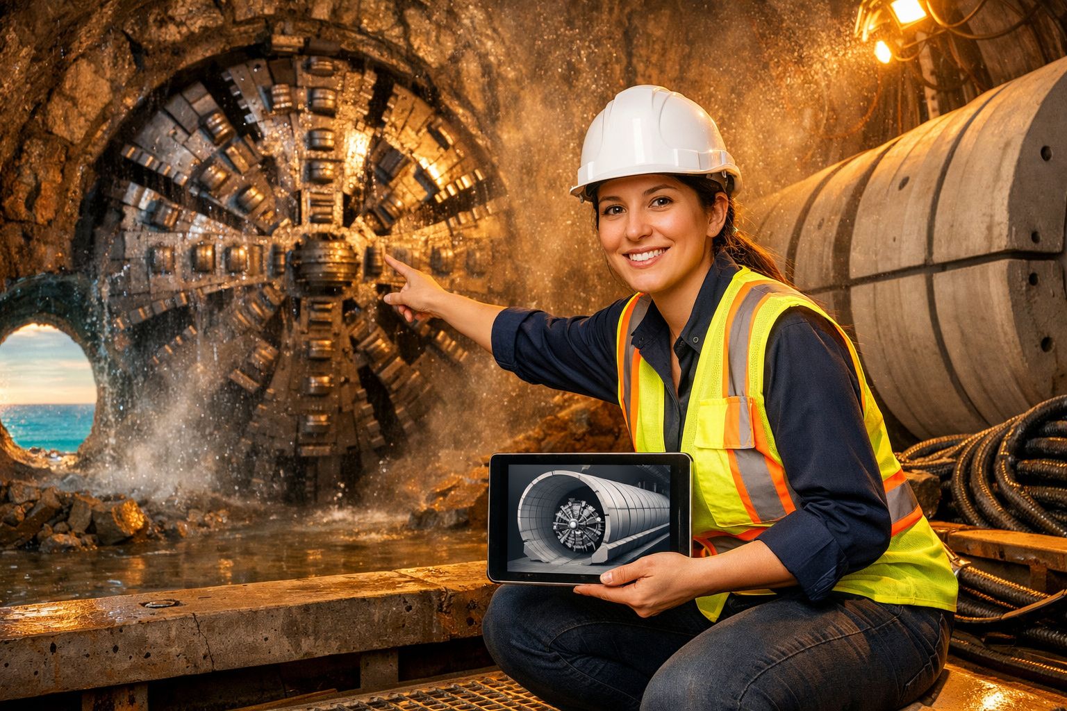 Trabalhador inspeciona grande máquina industrial numa plataforma marítima, usando colete refletor e capacete branco.