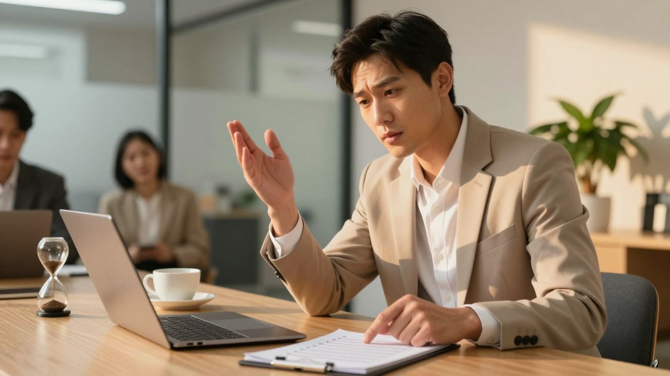 Homem em reunião de negócios, sentado à mesa com portátil e caderno, gesticulando enquanto fala.