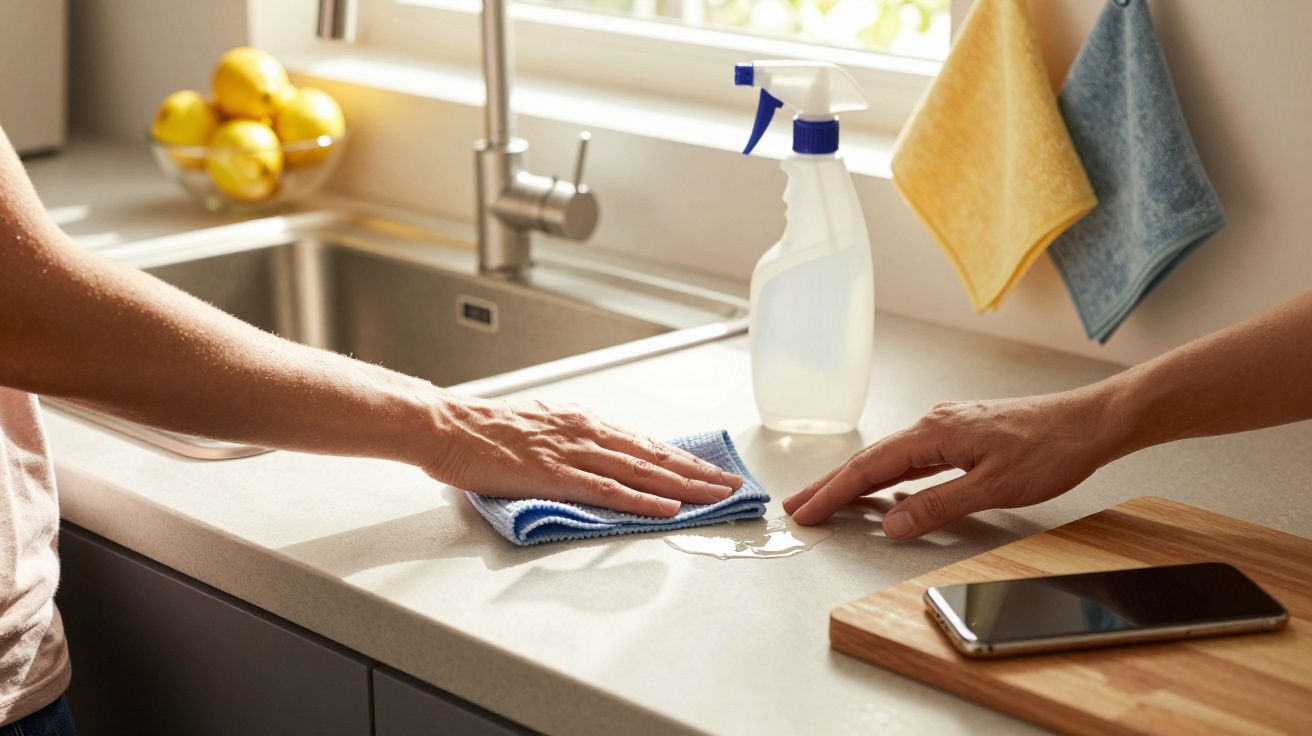 Pessoa a limpar superfície da cozinha com um pano azul. Frutas e spray ao fundo, telemóvel sobre tábua ao lado.