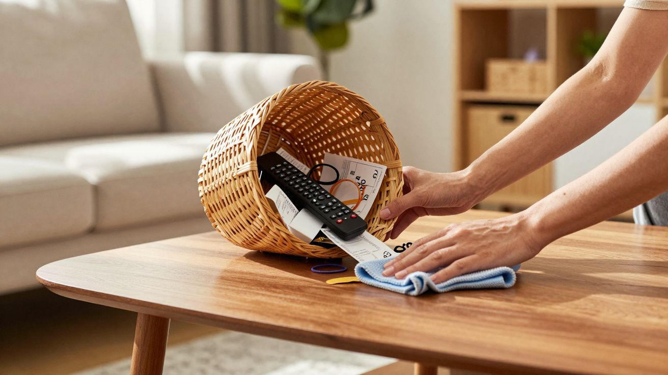 Pessoa a limpar mesa de madeira, cesta caída com controle remoto e papéis.