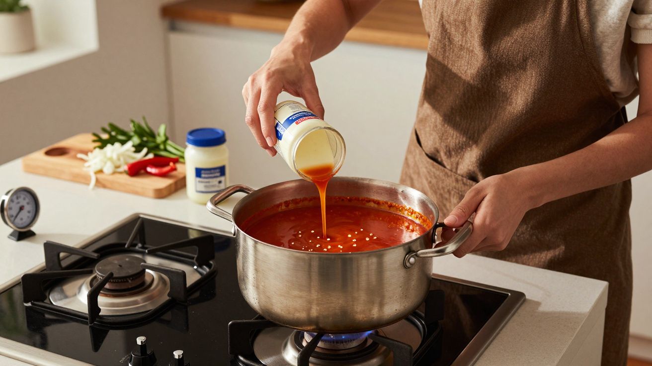 Pessoa a cozinhar, a verter líquido de uma lata para uma panela com molho vermelho ao lume na cozinha.