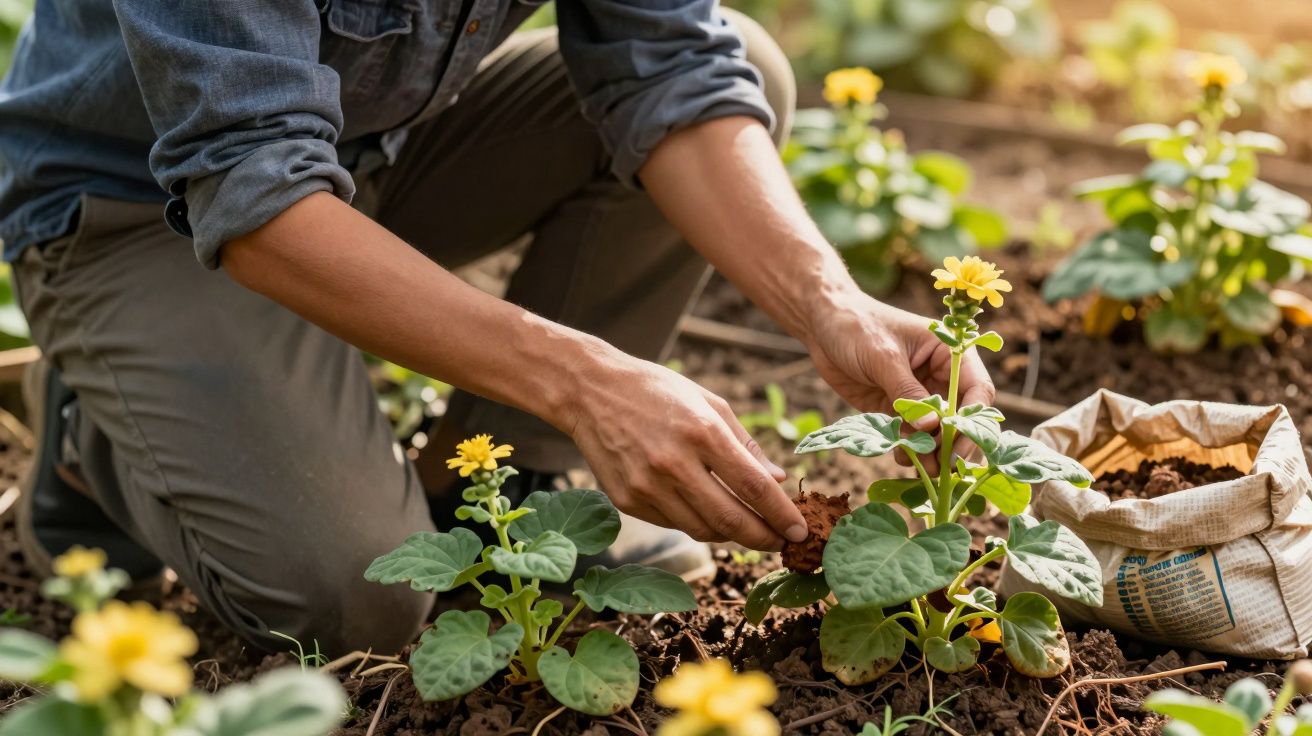 Pessoa a plantar flores amarelas num jardim, ajoelhada e rodeada de sacos de terra.