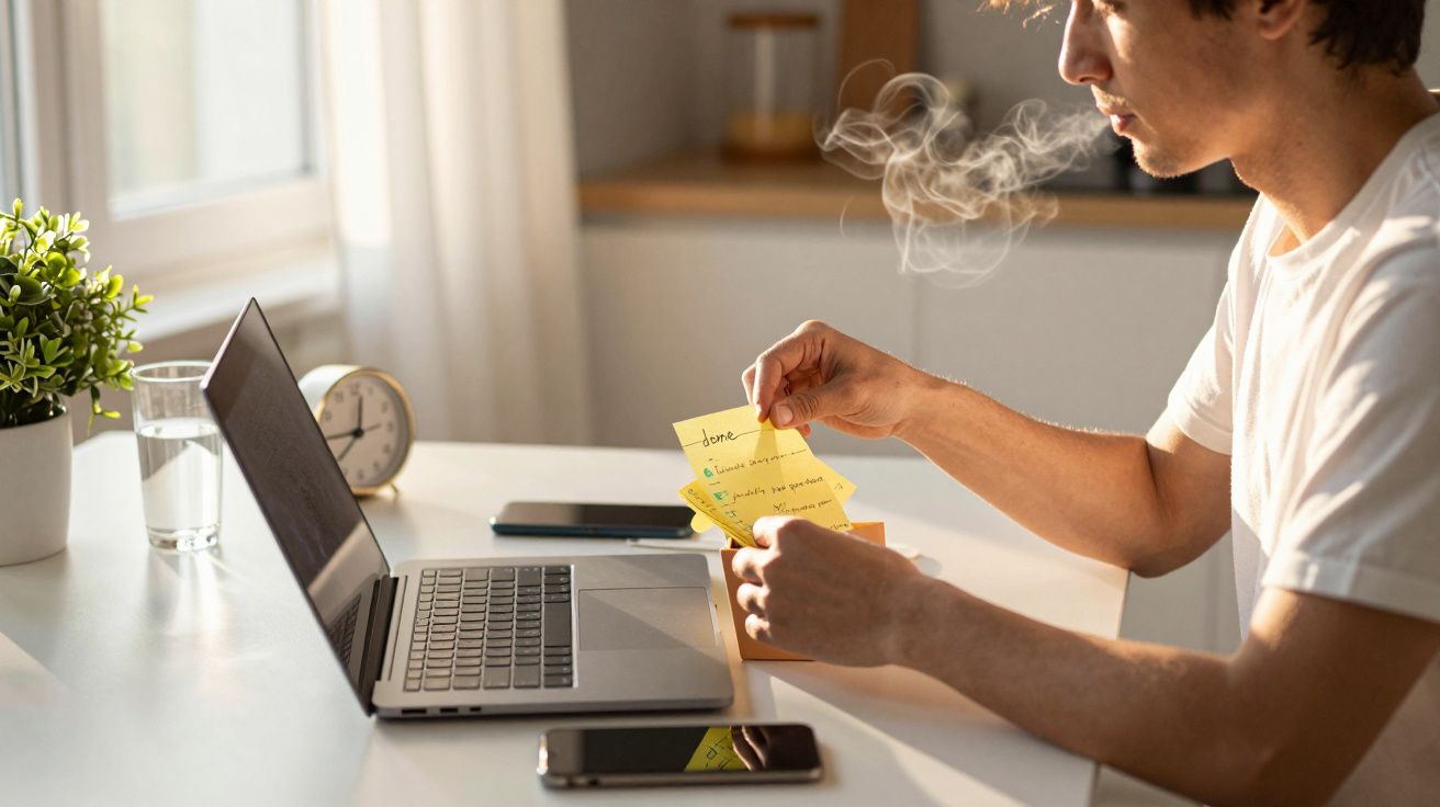 Homem sentado em frente a um portátil, segurando notas adesivas em um escritório iluminado pelo sol.