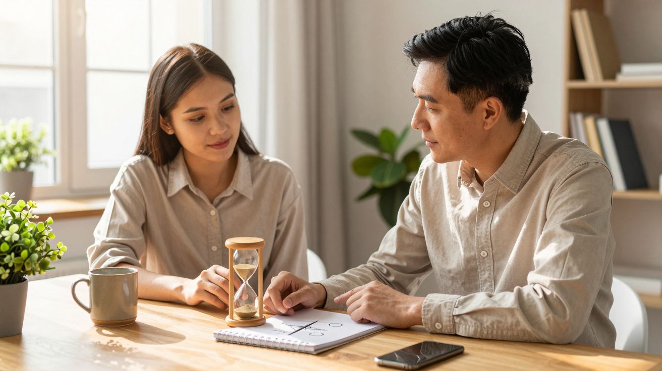 Casal conversa numa mesa com ampulheta e caderno, em ambiente iluminado e acolhedor.