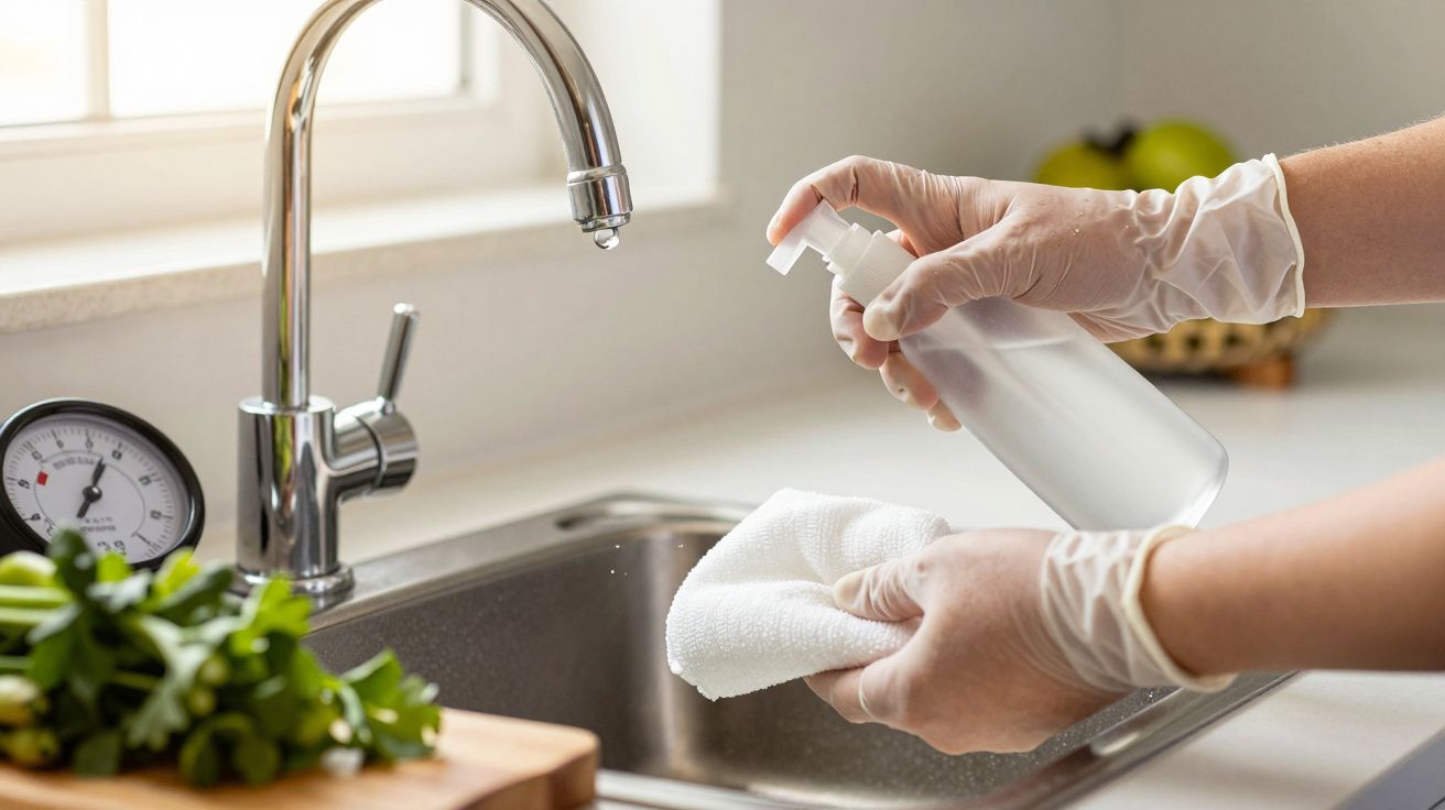 Mãos de luvas brancas limpando bancada da cozinha com esponja e detergente ao lado de uma torneira e ervas frescas.
