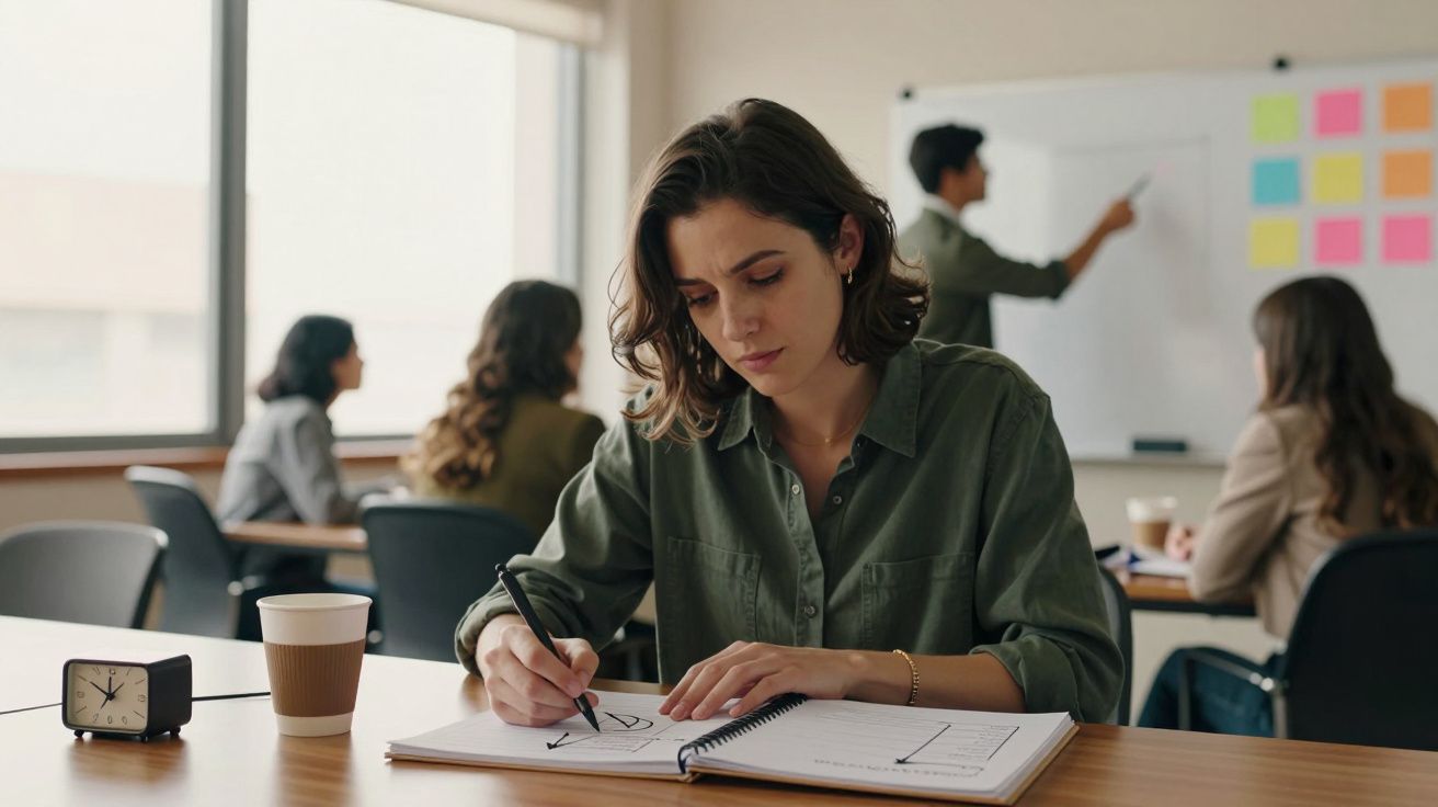 Mulher a tomar notas numa sala de aula, com outras pessoas e um orador ao fundo.
