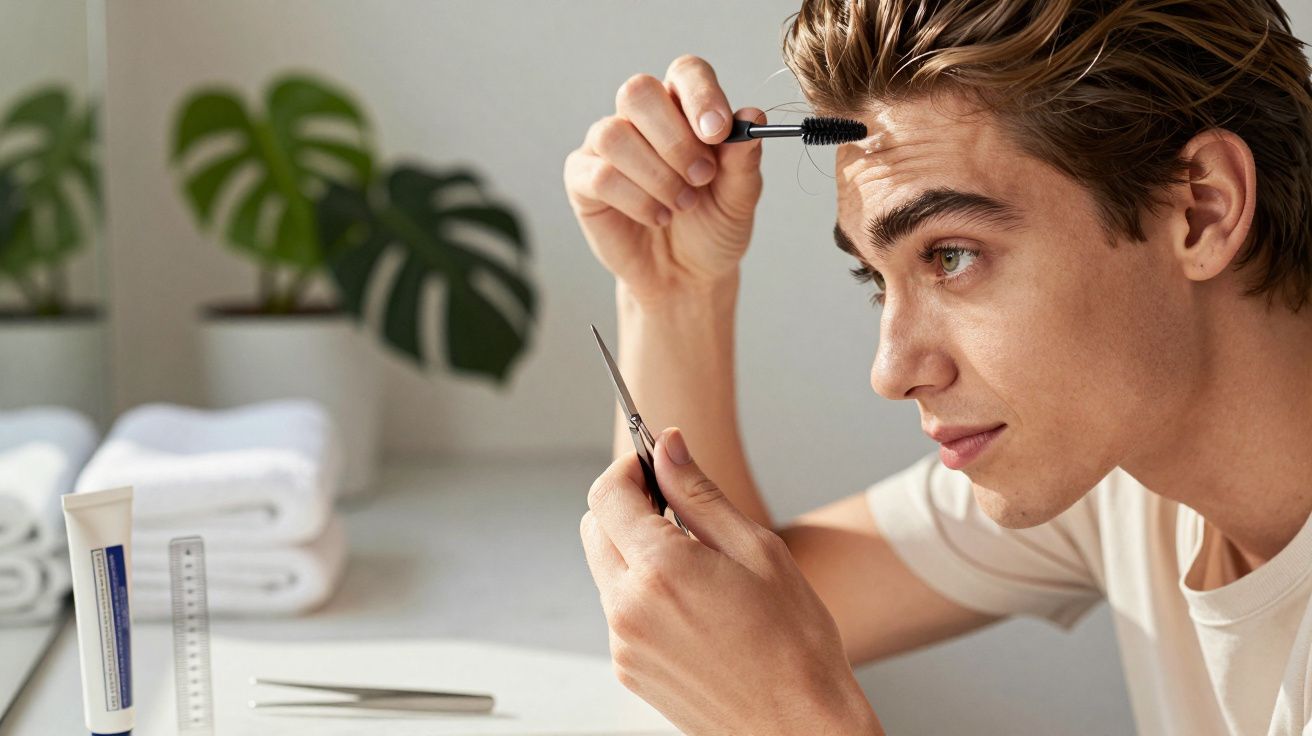 Jovem cuida das sobrancelhas com escova e tesoura, plantas e toalhas ao fundo em banheiro bem iluminado.