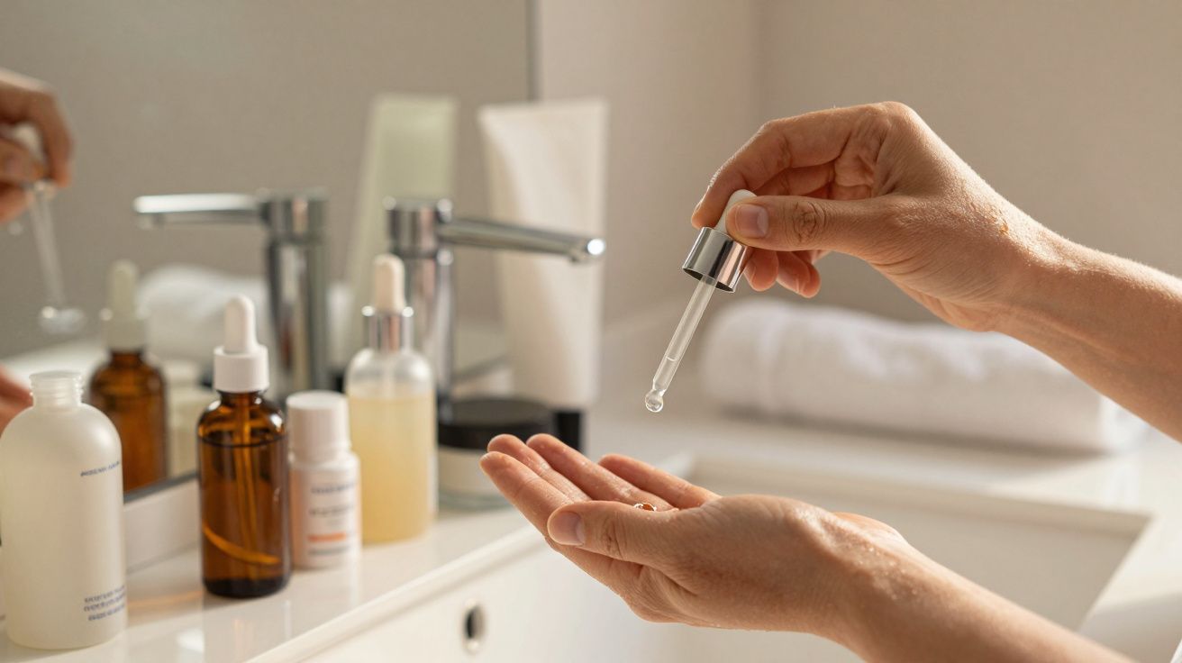 Mãos segurando conta-gotas com cosmético sobre pia de casa de banho, vários frascos ao fundo.