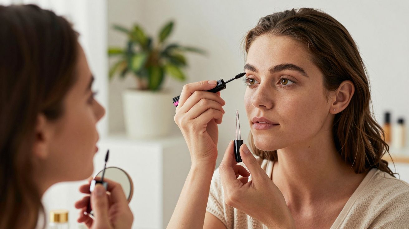 Mulher aplica rímel em frente ao espelho, foco nos olhos.