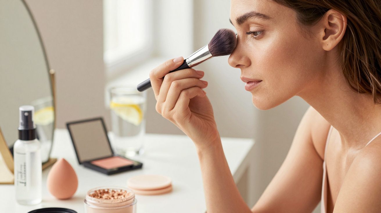 Mulher aplica maquilhagem no rosto em frente a um espelho com pincel; mesa com produtos de beleza ao redor.