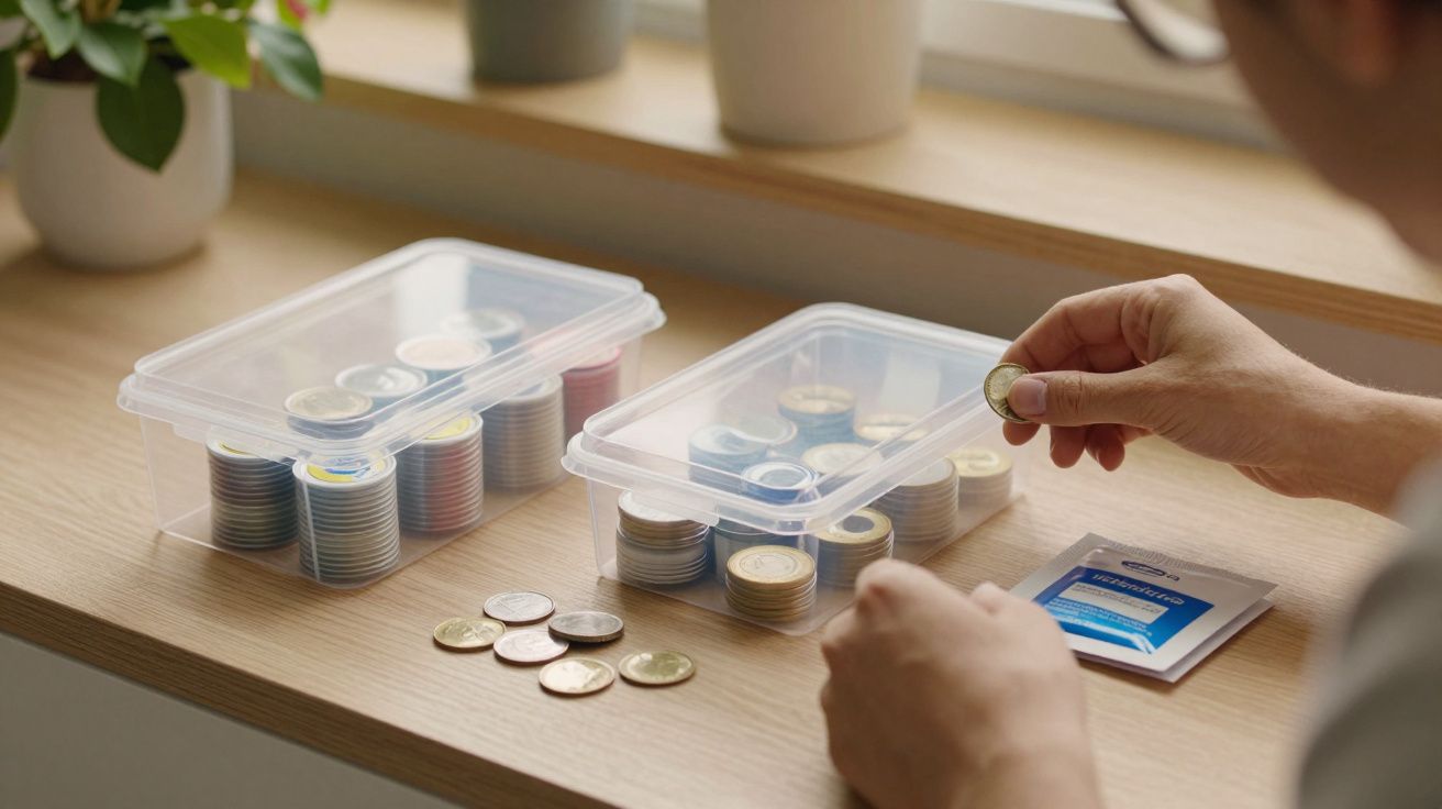 Mãos organizam moedas em caixas de plástico transparente sobre uma mesa de madeira ao lado de um envelope.