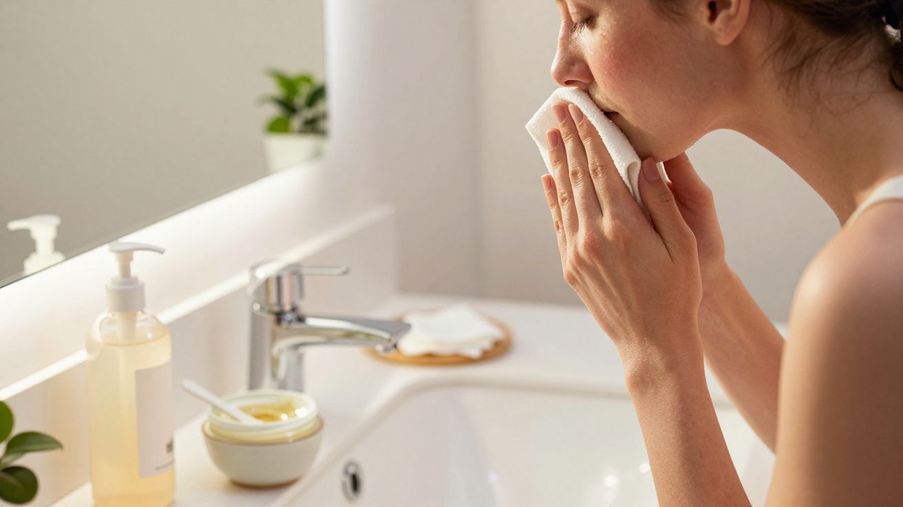 Mulher limpa o rosto com um pano na casa de banho, junto a lavatório com sabonete e taça.