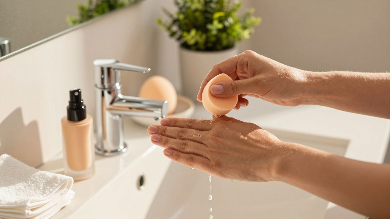 Mãos usando esponja úmida sobre lavatório com torneira, toalha e cosméticos ao fundo.