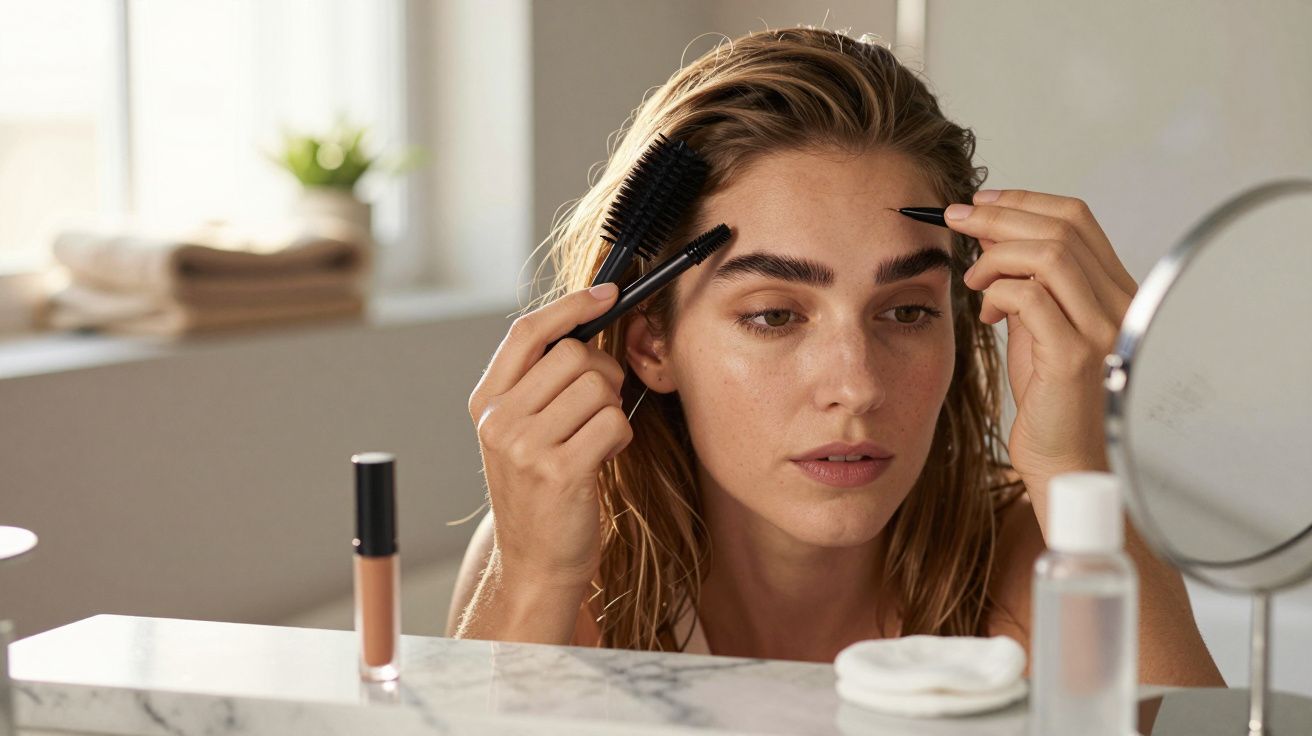 Mulher penteia sobrancelhas em frente ao espelho, com produtos de beleza na bancada.