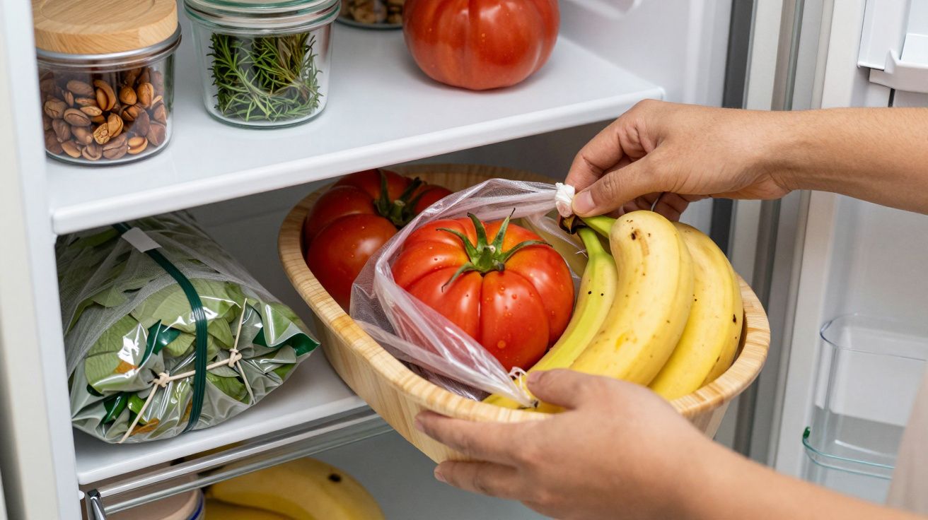 Mãos a colocarem cesto com tomates e bananas no frigorífico, ao lado de recipientes com ervas e legumes.