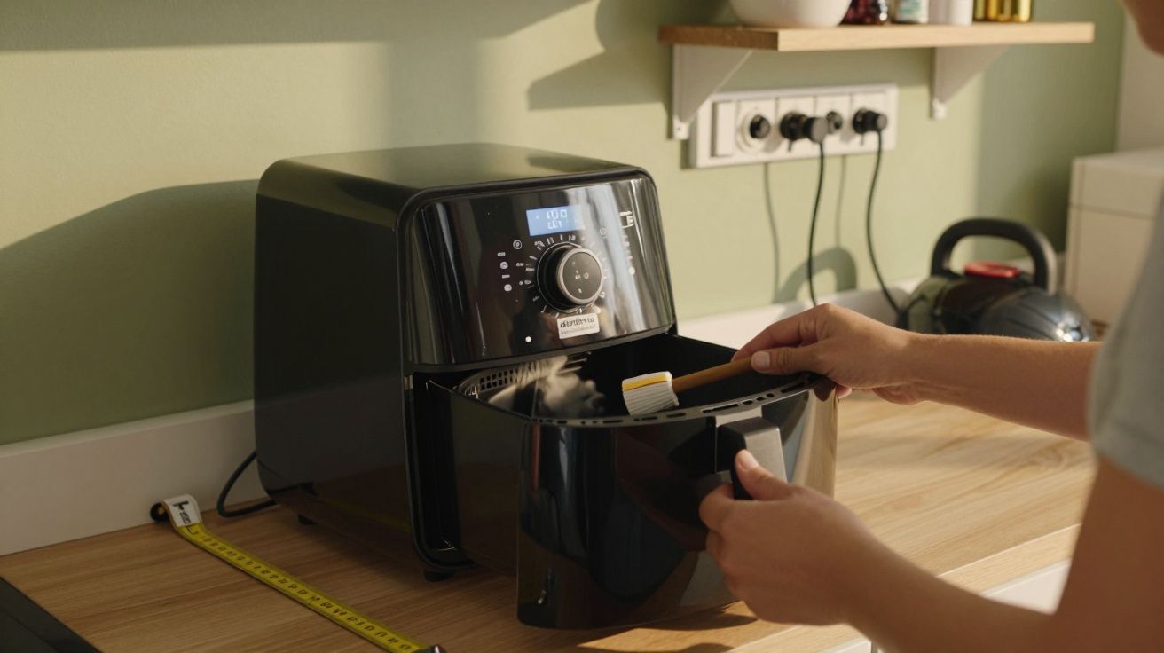 Pessoa a abrir fritadeira sem óleo na cozinha, com vapor a sair.