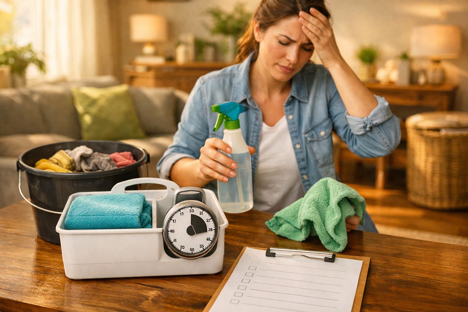 Mulher organiza produtos de limpeza numa cozinha, com spray, escova e panos dentro de um cesto na bancada.