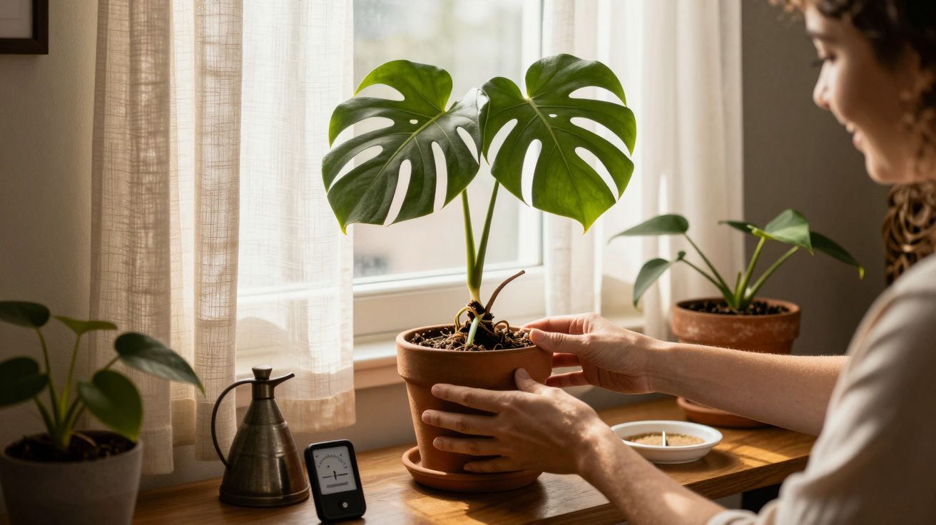 Mulher cuida de uma planta Monstera em vaso na janela, com luz natural entrando através de cortinas brancas.