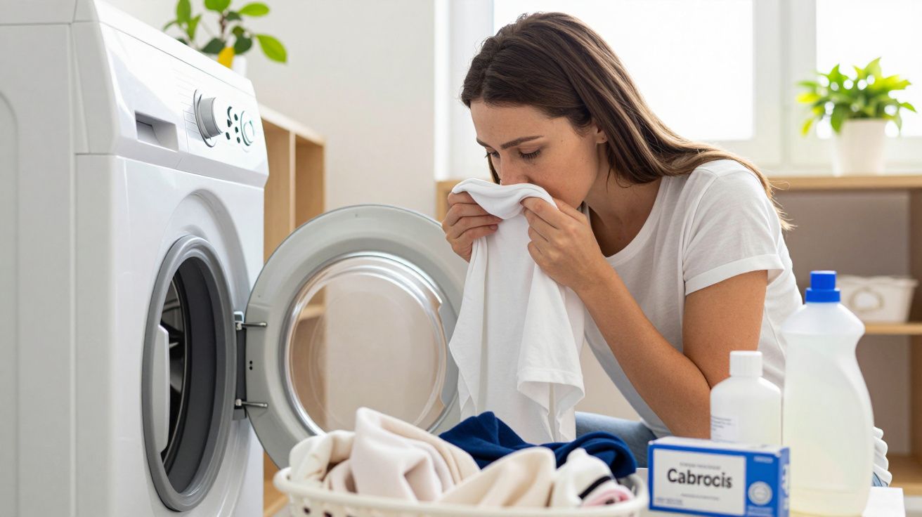 Mulher cheira roupa lavada ao lado de máquina de lavar, rodeada de produtos de limpeza.
