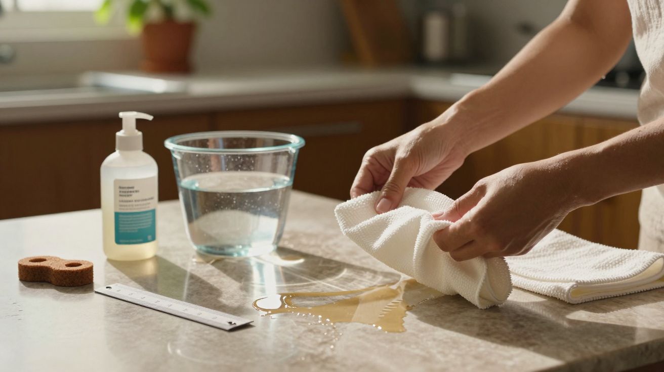 Pessoa limpa bancada de cozinha com pano, junto a um frasco de sabão, recipiente com água e esponja.
