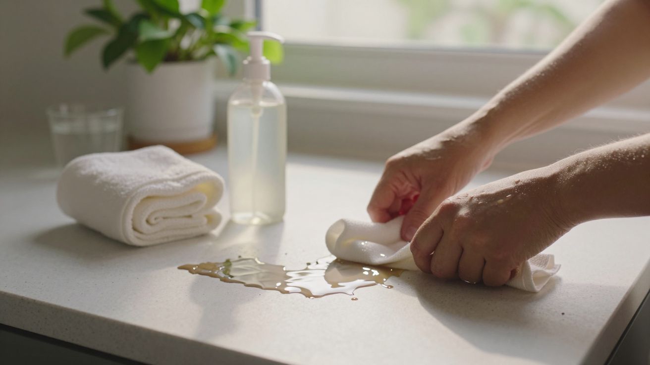 Mãos limpam água derramada no balcão com toalha branca, planta e dispensador de sabão ao fundo.