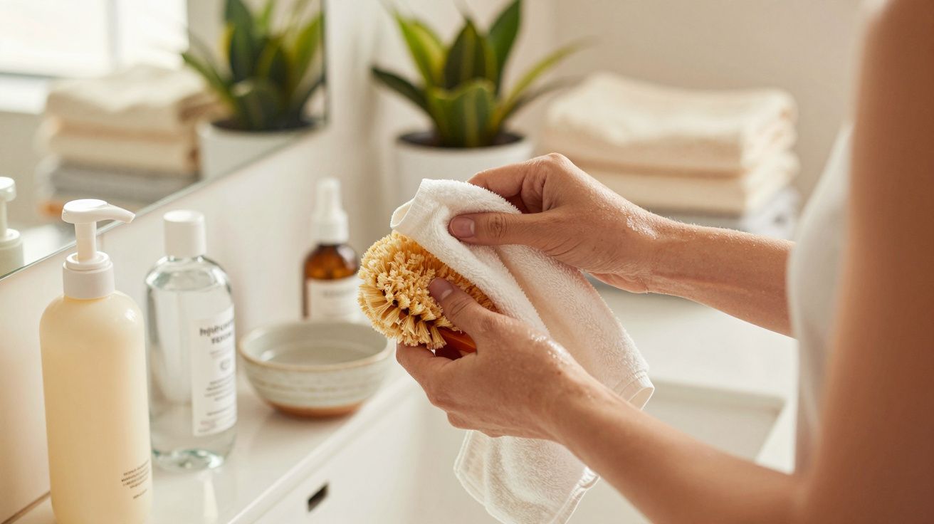 Pessoa a limpar uma escova de banho numa casa de banho moderna, com toalhas e produtos de higiene ao fundo.