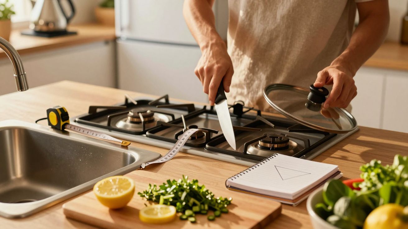 Pessoa a cozinhar, usando faca e tampa junto ao fogão. Ingredientes e caderno ao lado da bancada.
