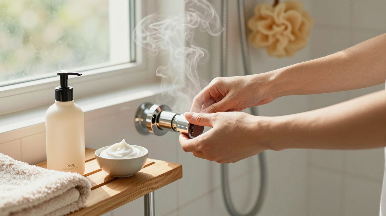 Mãos ajustam torneira de duche, com vapor. Sabonete líquido e toalha ao lado numa prateleira de madeira.