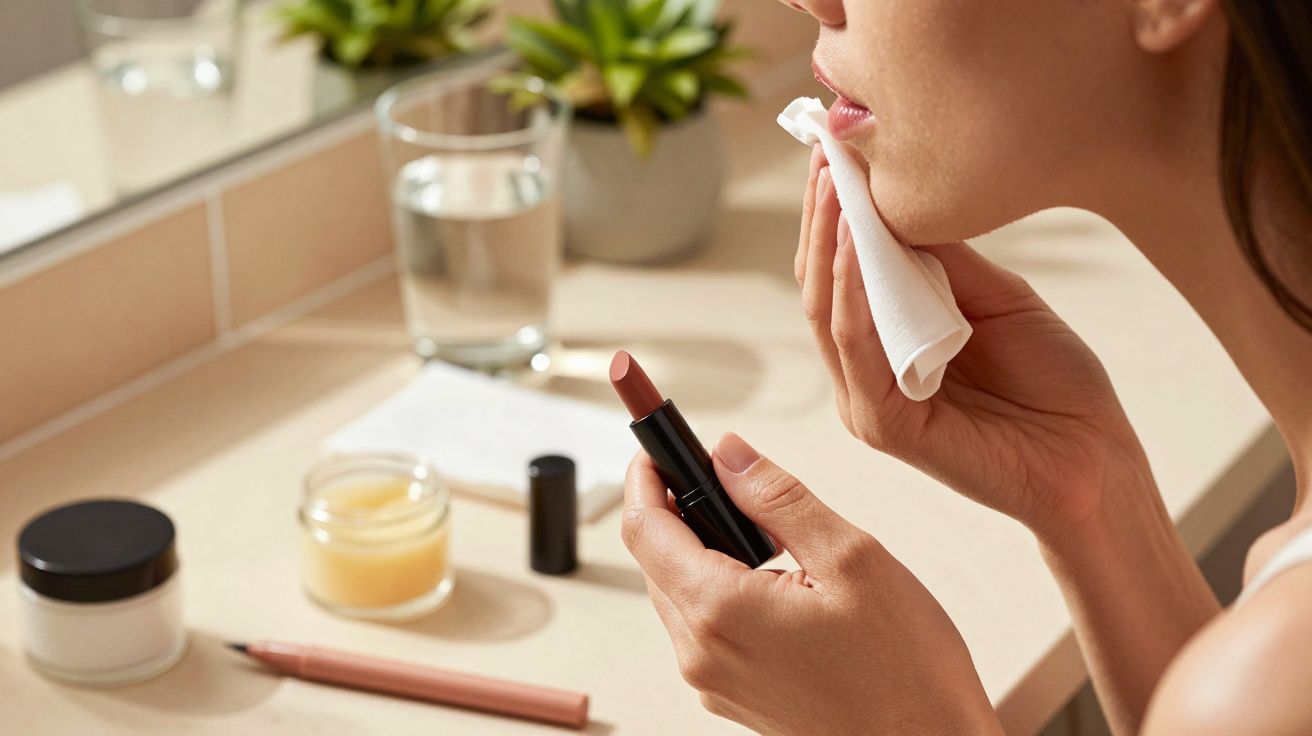 Mulher aplica batom ao espelho, com produtos de beleza sobre a bancada.