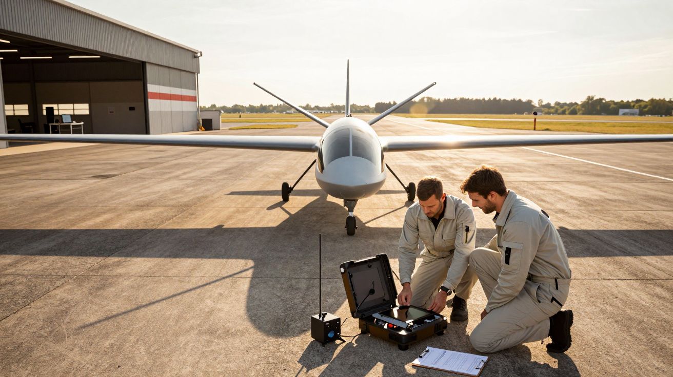 Dois homens em farda de voo preparam um drone branco na pista, junto a um hangar, em dia ensolarado.
