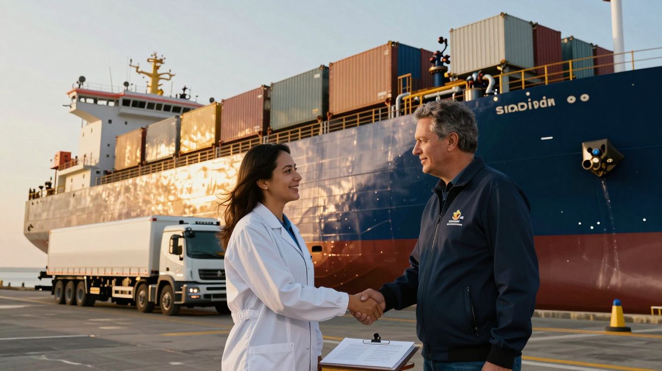 Mulher e homem apertam as mãos em frente a um navio de carga, com contentores e um camião ao lado.