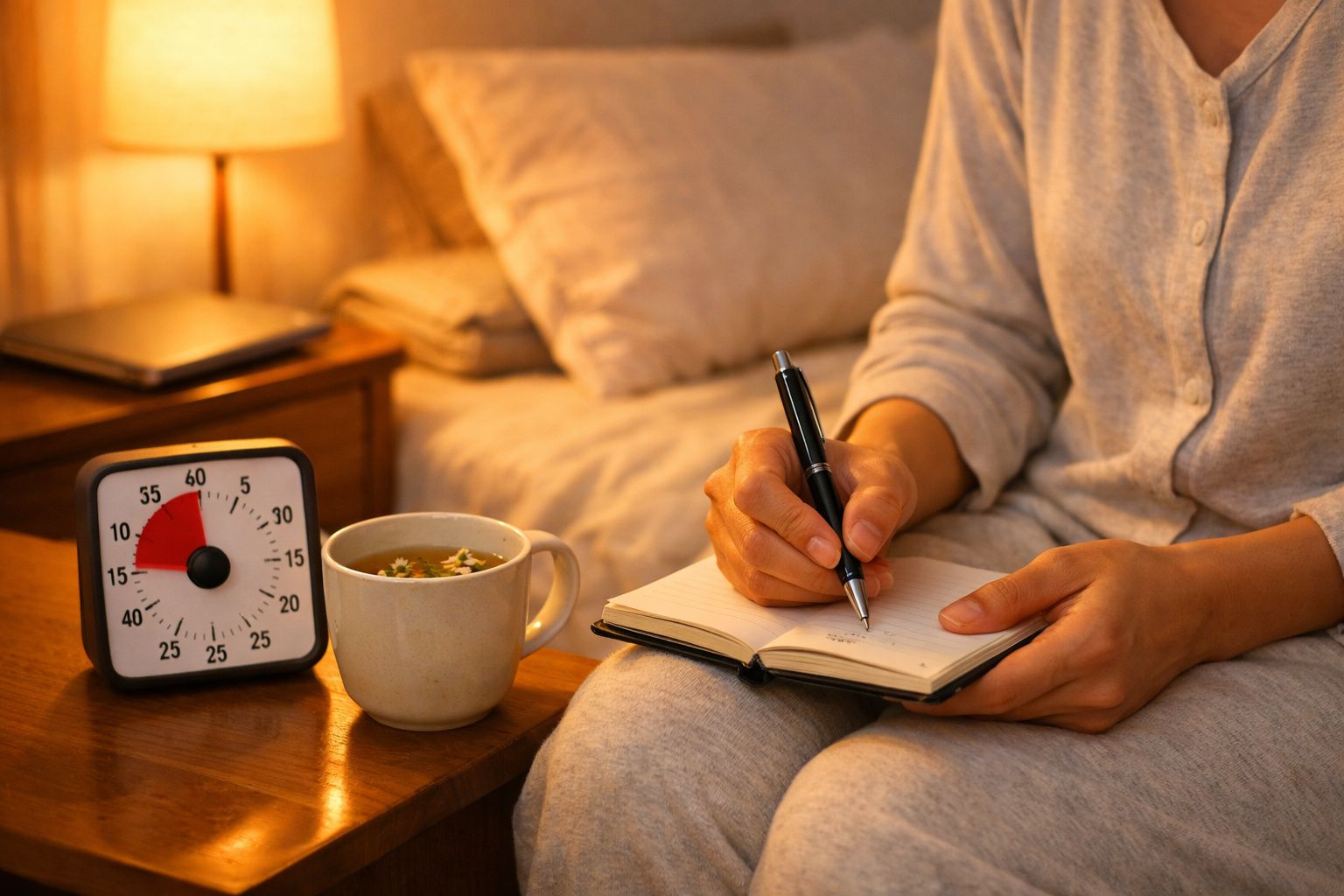 Pessoa escreve num caderno numa mesa com chá a fumegar, um telemóvel e um relógio.
