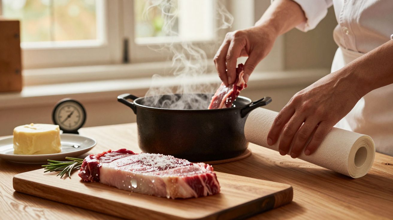 Pessoa cozinha carne numa panela fumegante, com manteiga e termómetro ao lado. Carne crua sobre tábua de madeira.