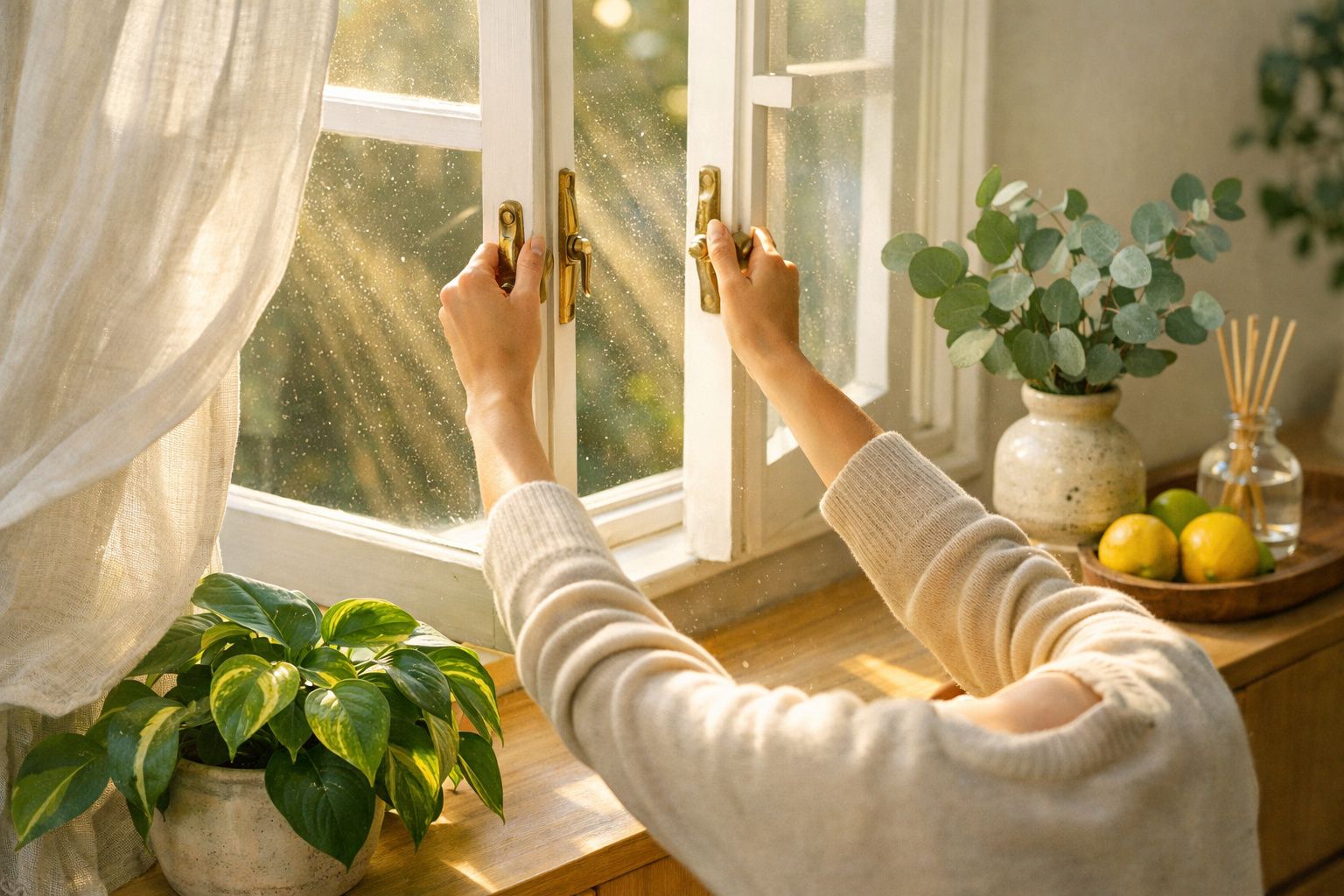 Mulher arranjando folhas verdes num vaso, junto a uma janela aberta com luz suave a entrar.