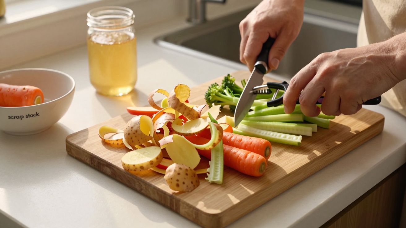 Mãos cortando legumes frescos numa tábua de madeira ao lado de uma tijela e frasco de vidro numa cozinha iluminada.