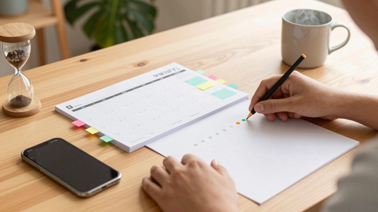 Pessoa a escrever numa folha de papel com um calendário, telemóvel e ampulheta na mesa.