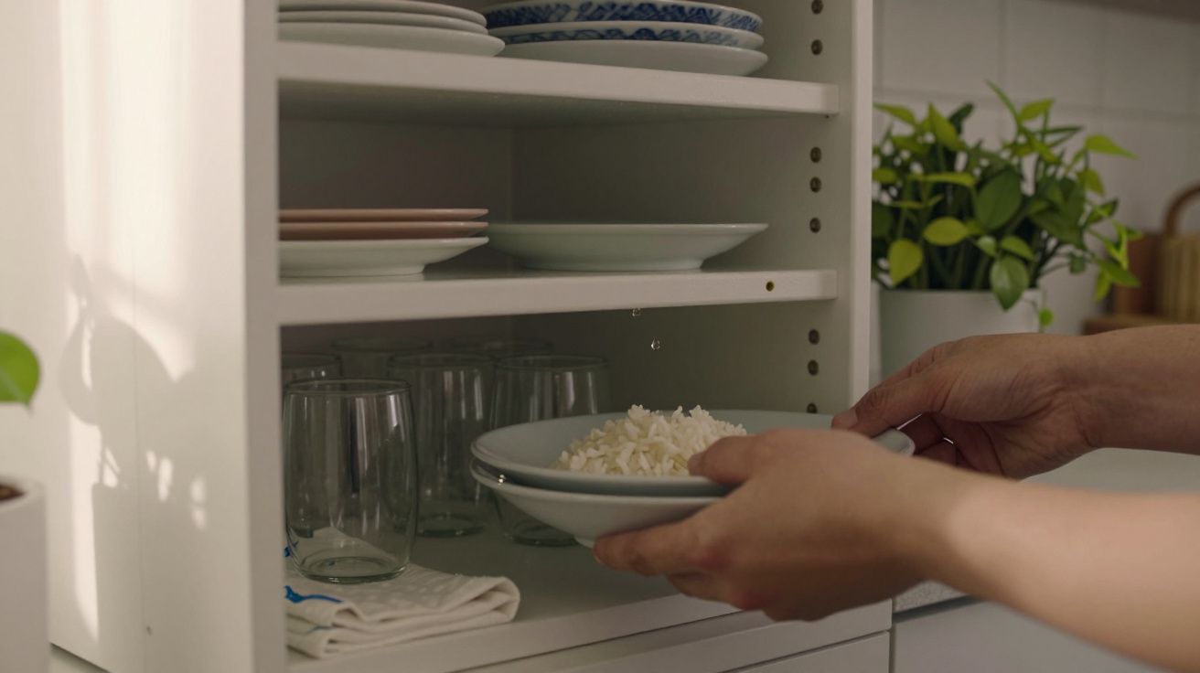 Mãos colocam prato de arroz numa prateleira branca com pratos e copos ao lado de plantas.