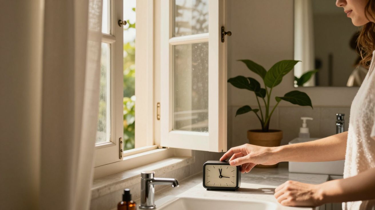Mulher ajusta relógio numa casa de banho iluminada pelo sol, com planta e saboneteira ao fundo.