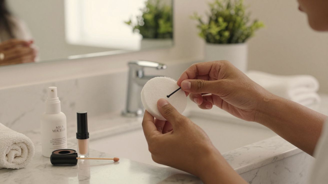 Pessoa segurando disco de algodão no banheiro, com produtos de maquilhagem e toalha na bancada.
