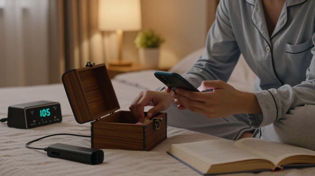 Pessoa de pijama sentada na cama com telemóvel, caixa de madeira aberta, livro, relógio digital, e ambientador elétrico.