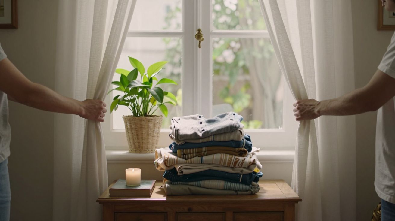 Mesa junto à janela com roupas dobradas, planta e vela acesa. Duas pessoas ajustam as cortinas brancas.