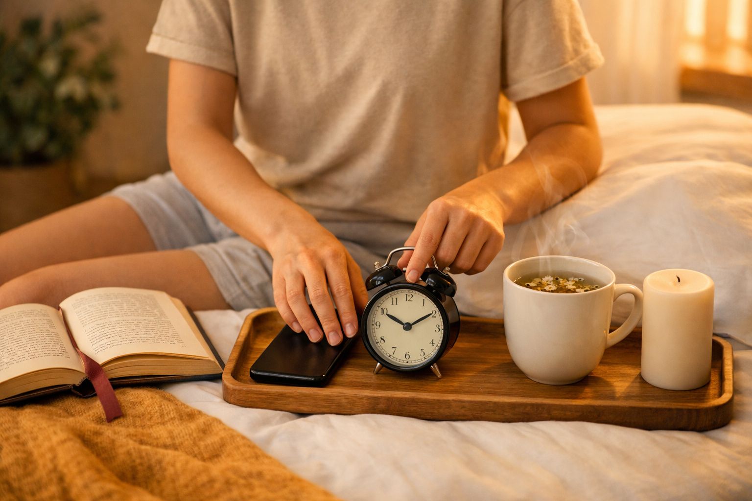 Pessoa acende vela numa mesa com chá, livros abertos e caixa de madeira, ao lado de uma cama com cortinas ao fundo.
