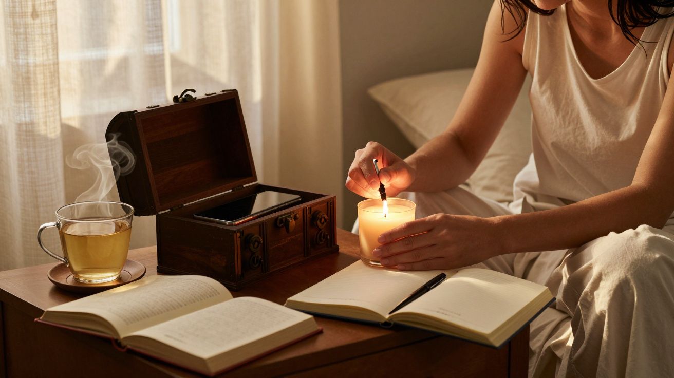 Mulher acende vela ao lado de livro aberto, chá fumegante e caixa de madeira sobre mesa de cabeceira.