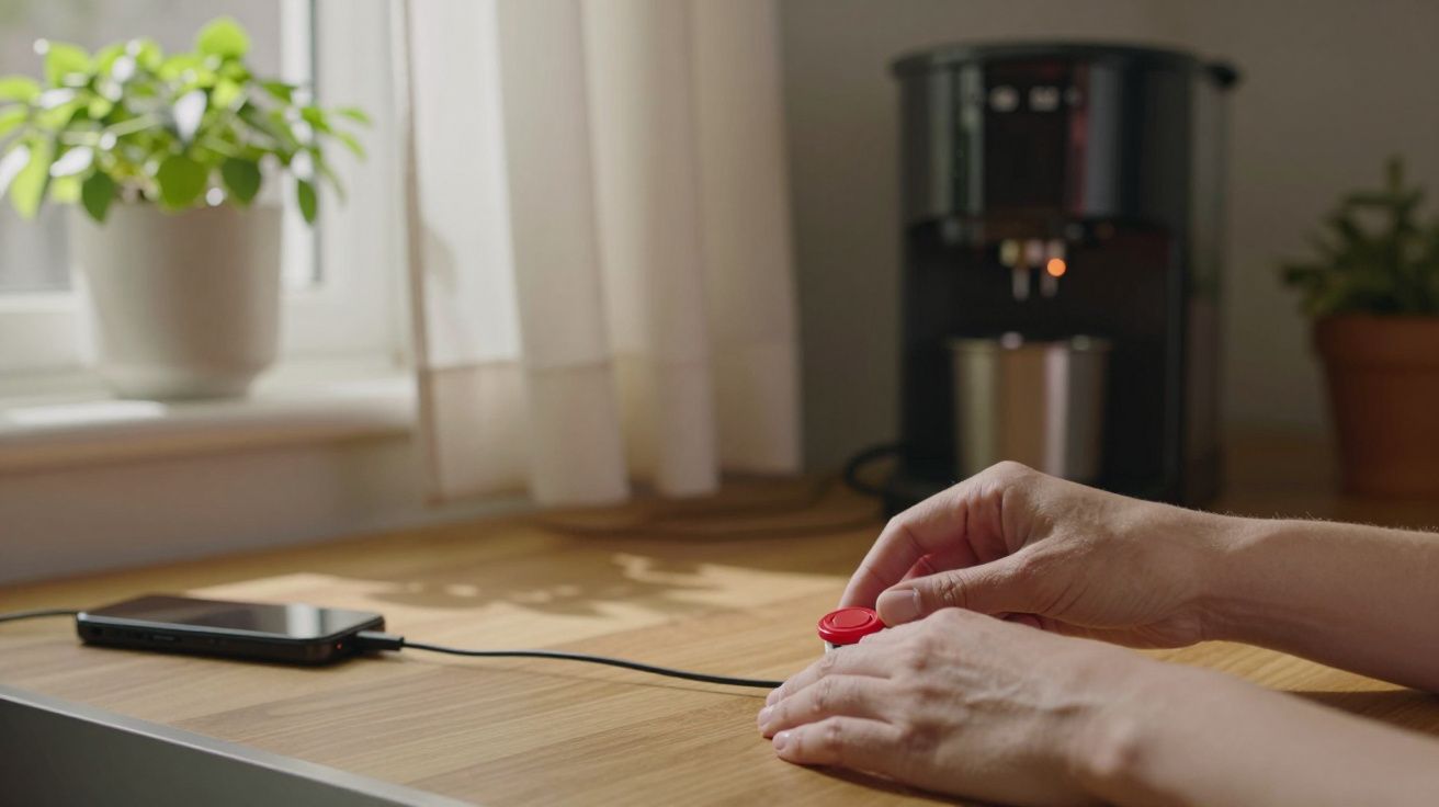 Mãos ajustam fio de carregamento de telemóvel. Máquina de café e planta ao fundo sobre a mesa de madeira.