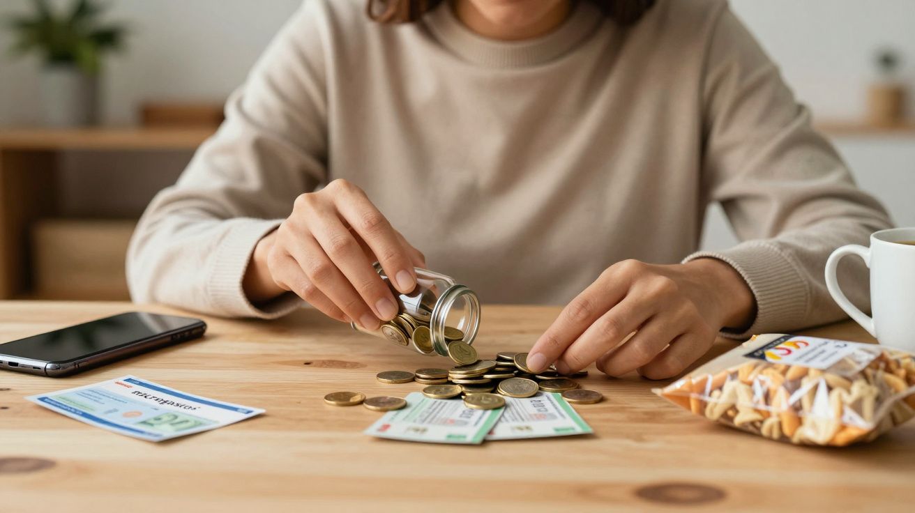 Pessoa a contar moedas, com documentos e telemóvel sobre a mesa.