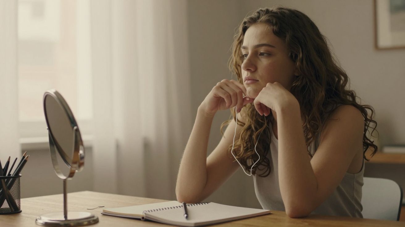 Mulher sentada à mesa, olhando para o espelho, com caderno à frente, em ambiente iluminado por luz natural.
