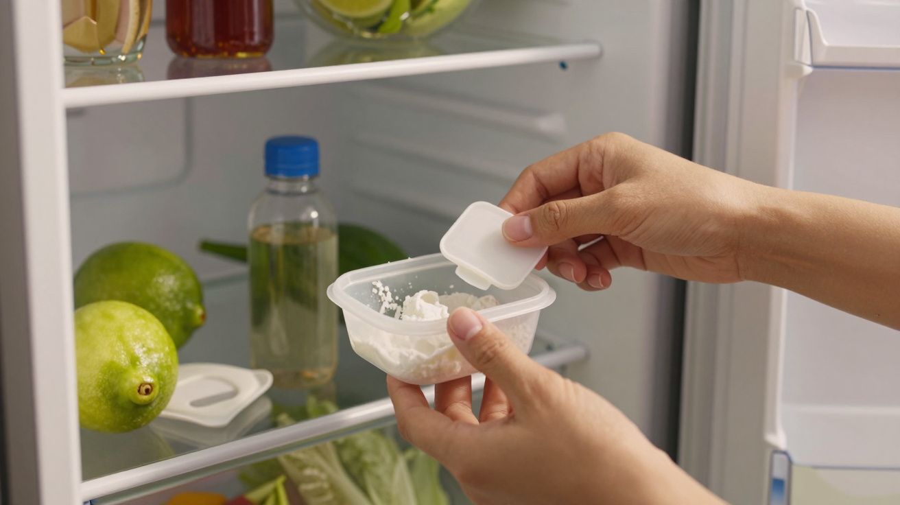 Mãos a abrir um recipiente dentro de um frigorífico com limões, uma garrafa de água e vegetais nas prateleiras.