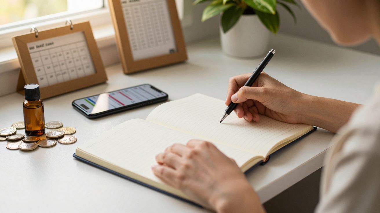 Pessoa escreve num caderno numa secretária com moedas, frasco, smartphone e plantas ao lado.