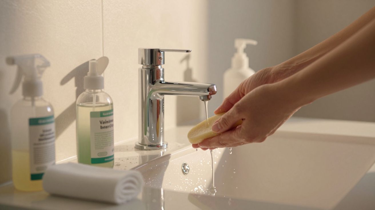 Mãos a lavar um sabonete debaixo da torneira numa casa de banho, com produtos de limpeza ao lado.