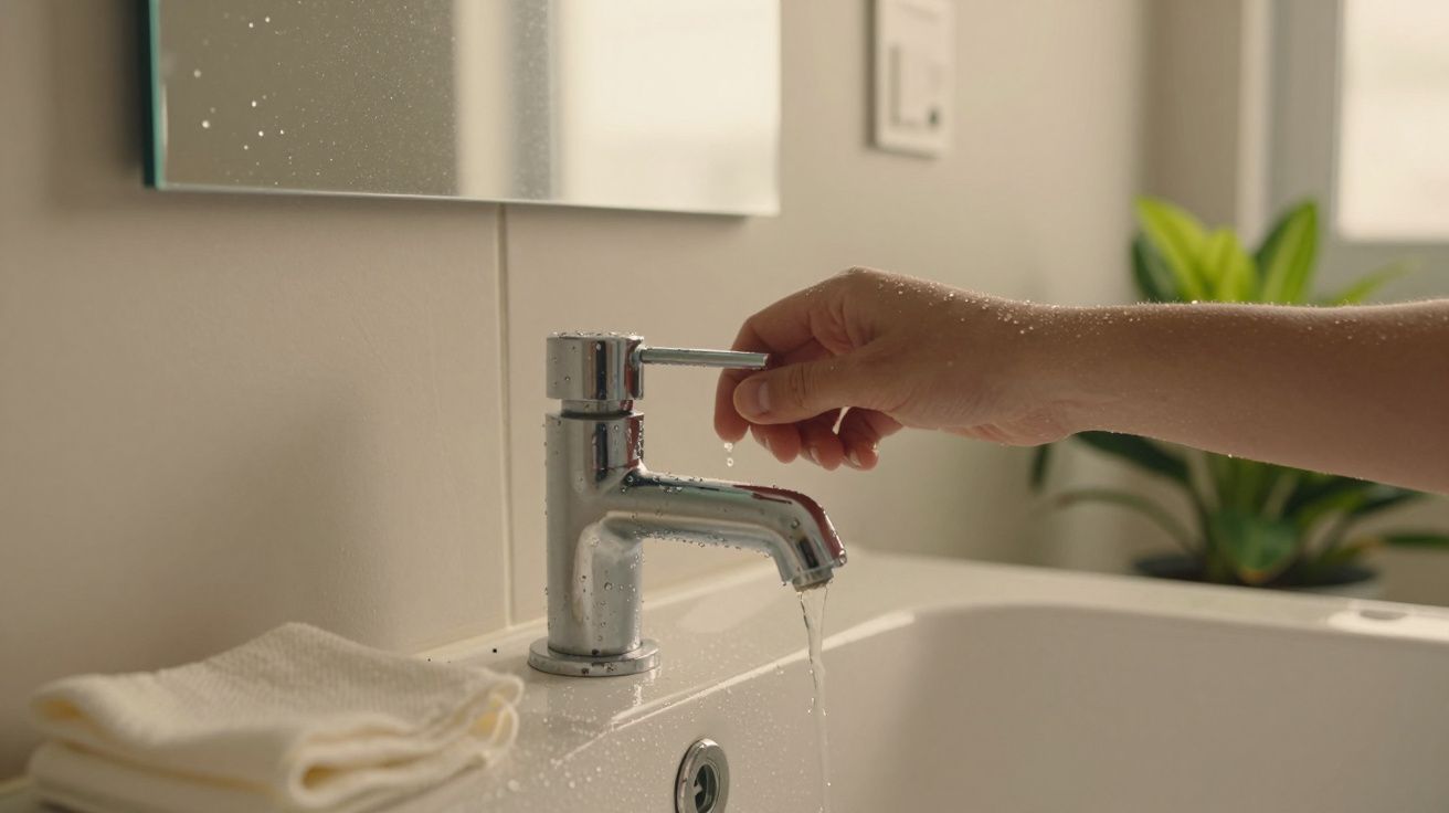 Mão a fechar torneira de lavatório com toalha dobrada ao lado e planta ao fundo.